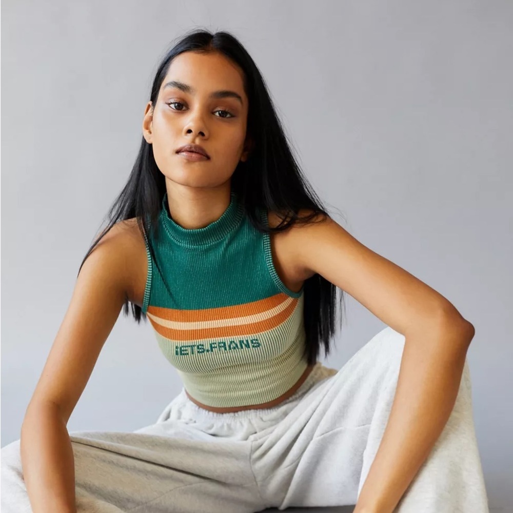 iets frans URBAN OUTFITTER Zoe Racerback Tank Top Green Orange Retro Cropped XS